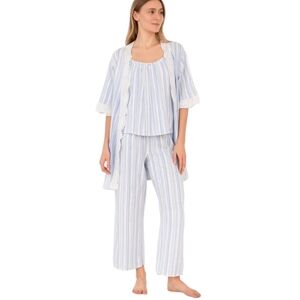 In Bloom 3 Pcs Pajamas By Jonquil Eyelet Lace Trim Blue White Stripe Feminine